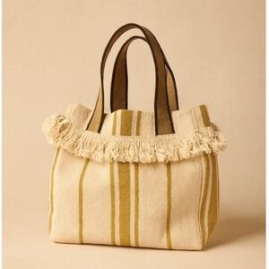 Handmade Striped Tote‎ Carpet Bag with Fringe Trim Woven Beach Everyday Casual
